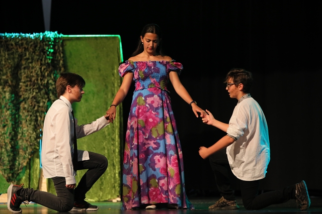 Zwei Jungen halten um die Hand einer Dame an (auf der Bühne)