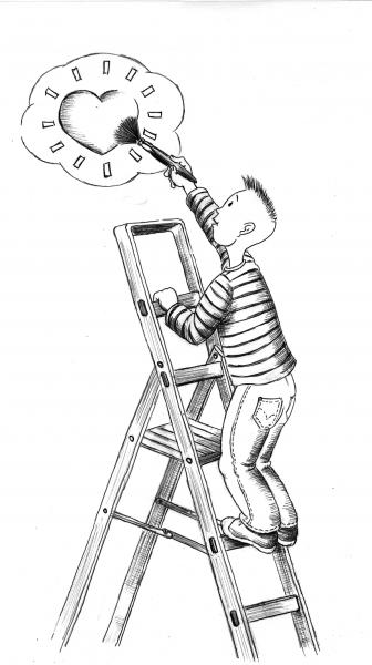 Bleistiftzeichnung: Verliebter Junge mit Streifenpullover auf einer Leiter